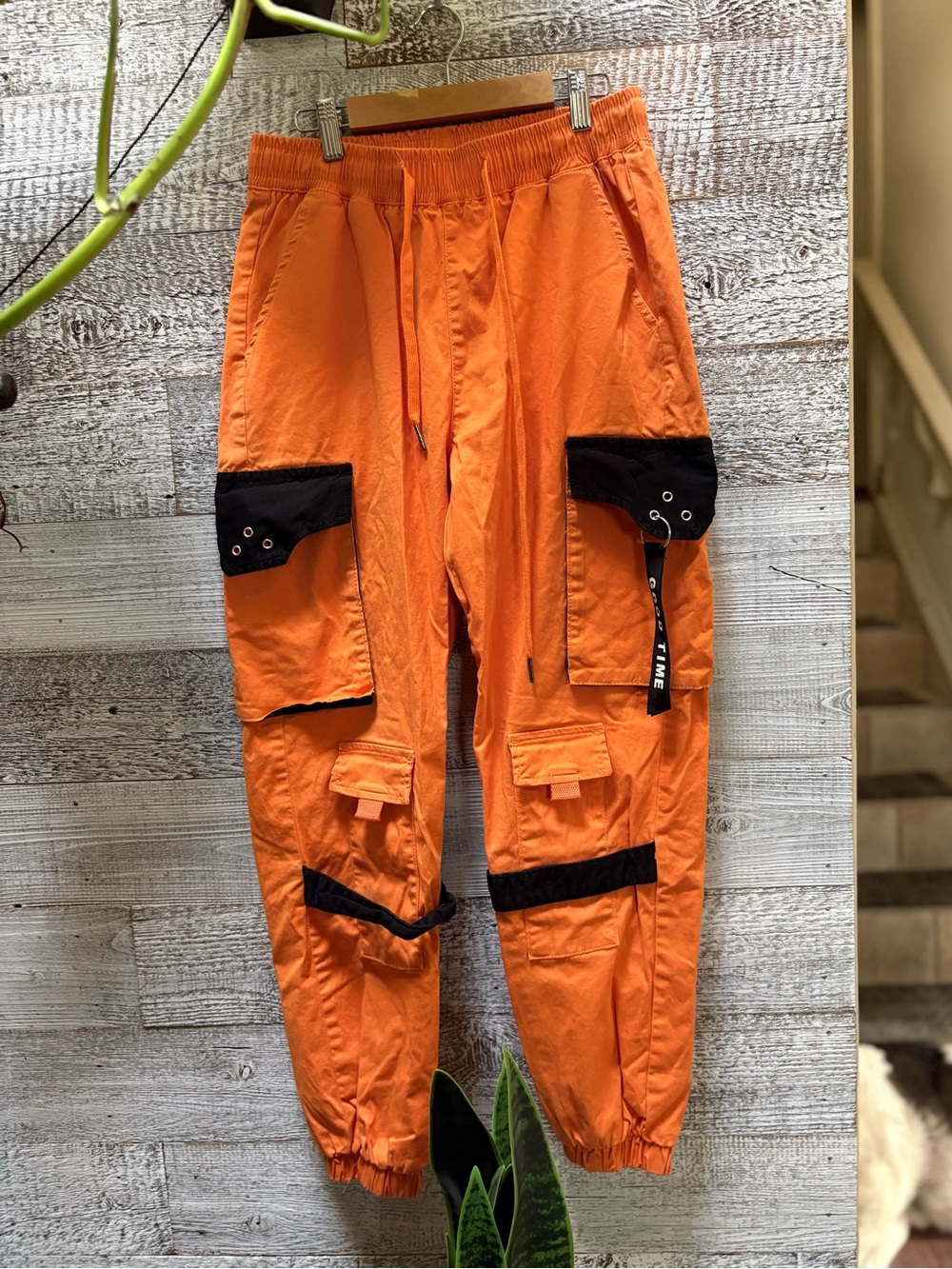American Bazi | Utility Streetwear Cyberpunk Cargo Joggers - M, Orange/Black